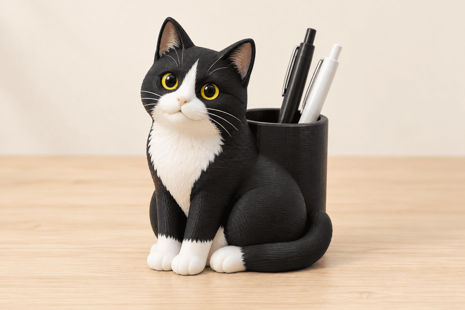 Ống cắm bút hình mèo tuxedo đen trắng