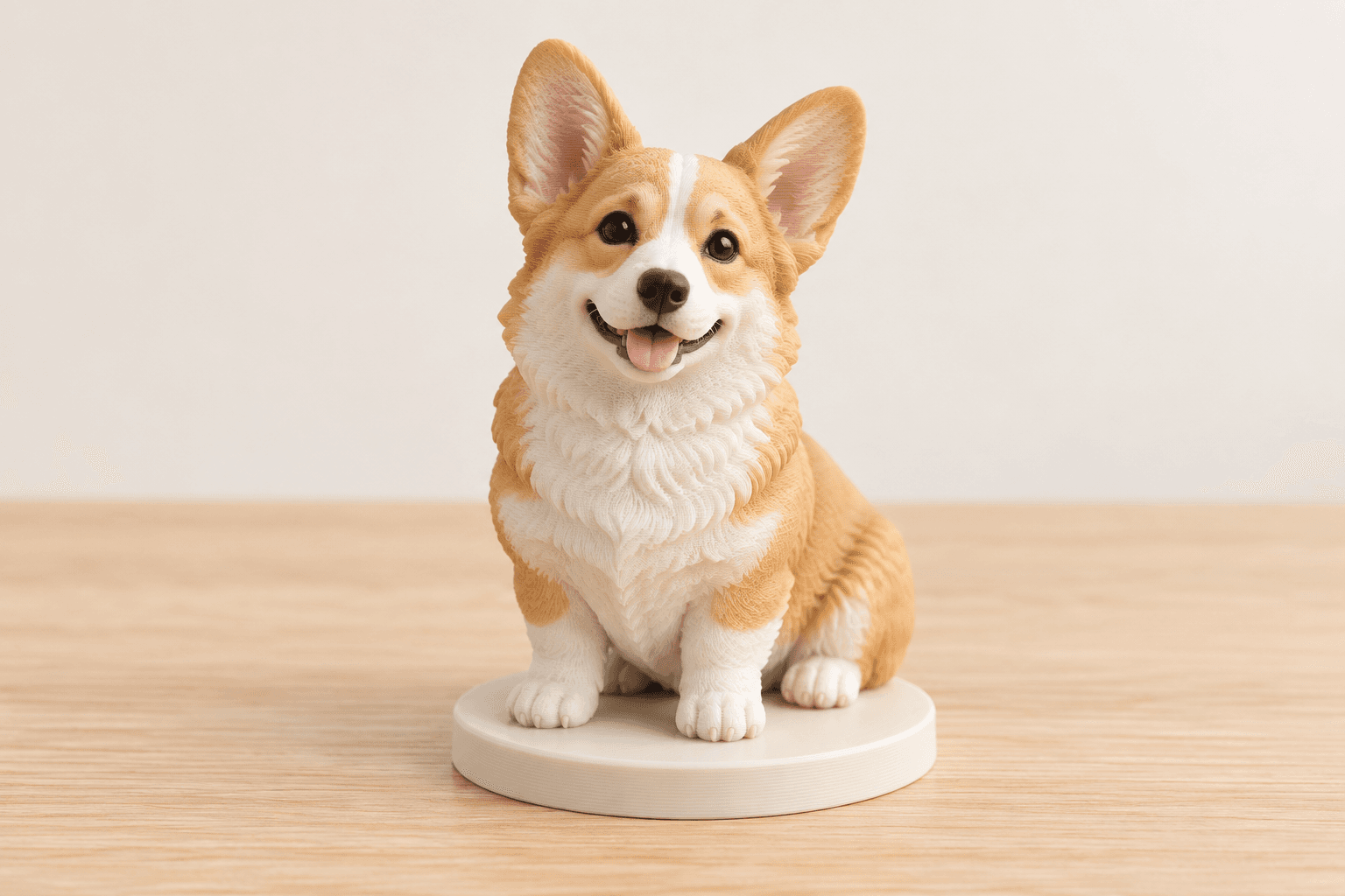 Tượng corgi ngồi trên đế tròn, màu kem và nâu