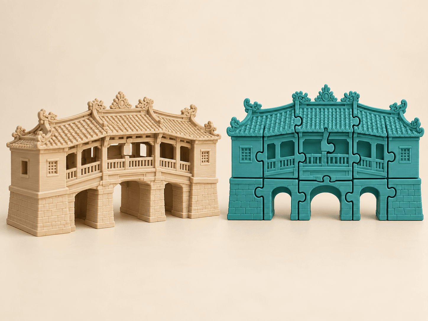 Ảnh minh họa Chùa Cầu Hội An gồm mini màu cát và puzzle xanh từ 8 mảnh