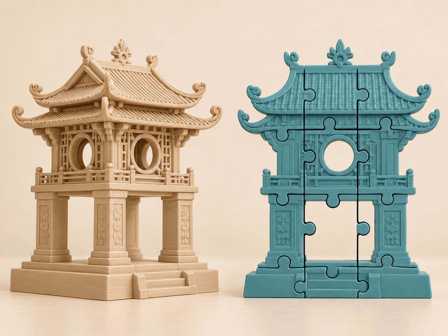 Ảnh minh họa Khuê Văn Các gồm mini màu cát và puzzle xanh từ 8 mảnh