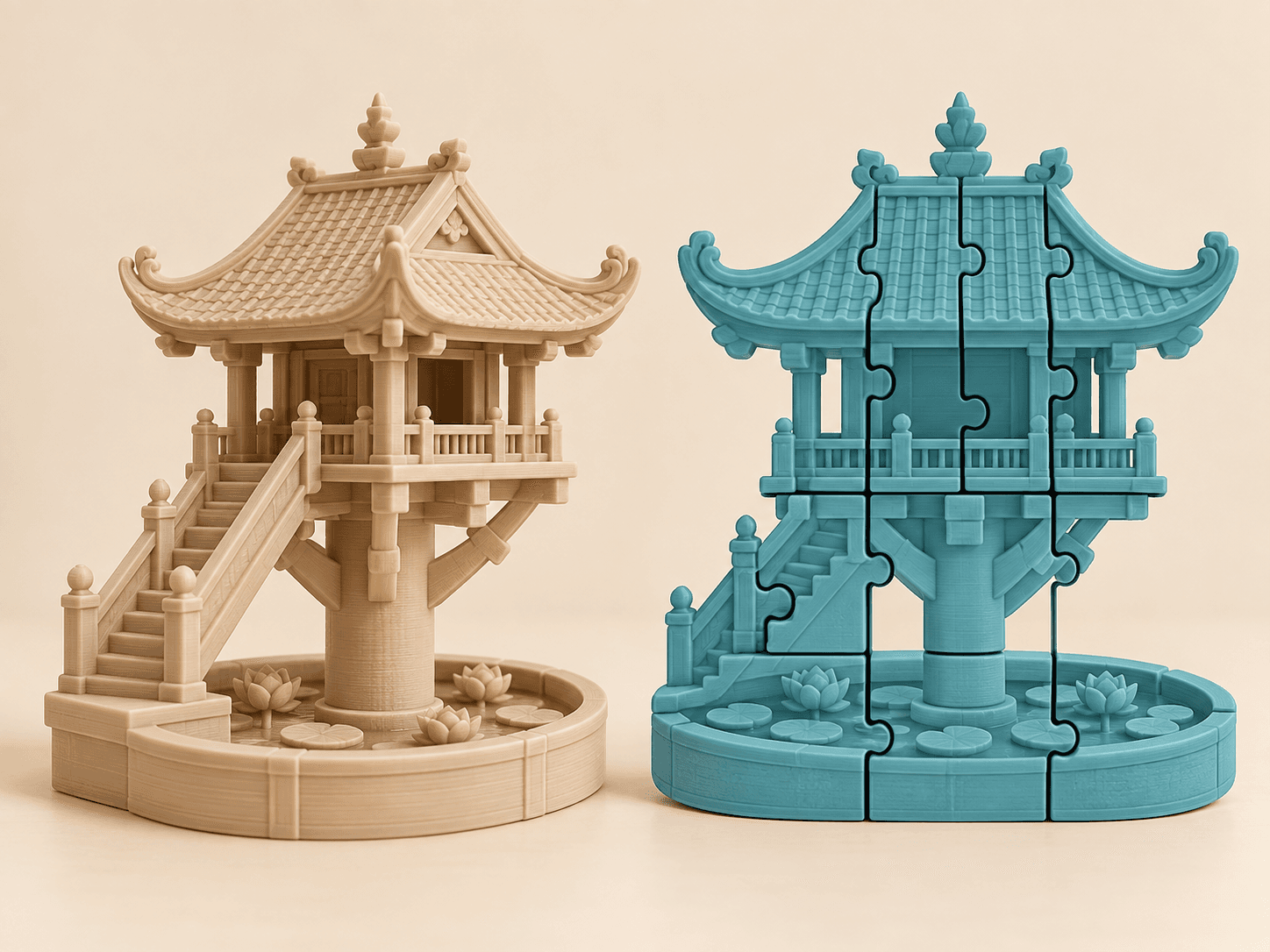 Ảnh minh họa Chùa Một Cột gồm mini màu cát và puzzle xanh từ 8 mảnh