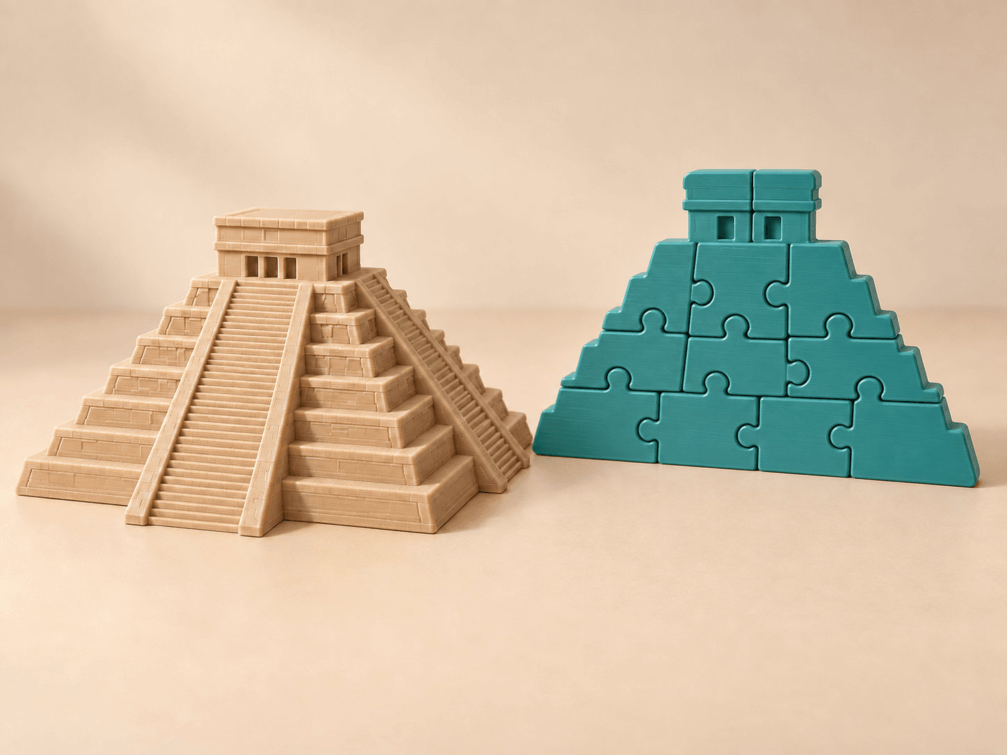 Ảnh minh họa bộ Chichén Itzá gồm mô hình mini màu cát và puzzle xanh từ 8 mảnh