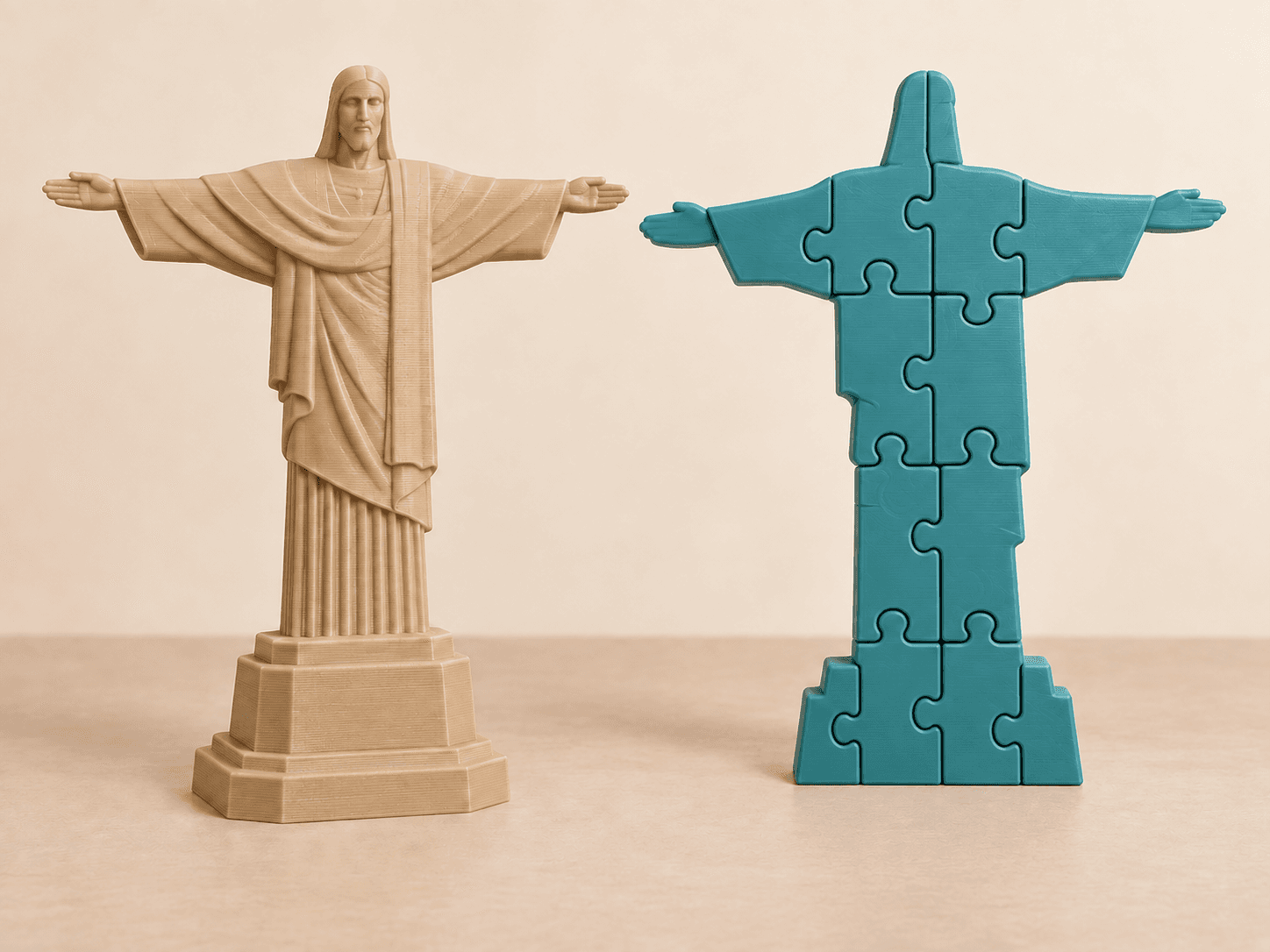 Ảnh minh họa bộ Tượng Chúa Cứu Thế gồm mô hình mini màu cát và puzzle xanh từ 8 mảnh