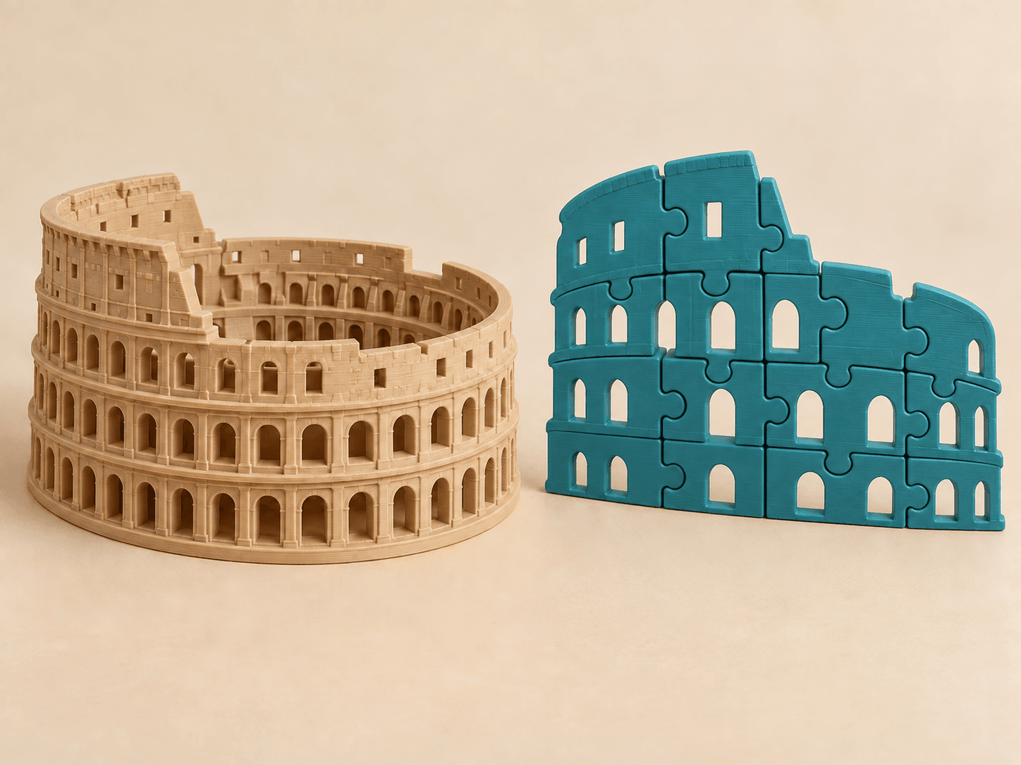 Ảnh minh họa bộ Đấu trường Colosseum gồm mô hình mini màu cát và puzzle xanh từ 8 mảnh
