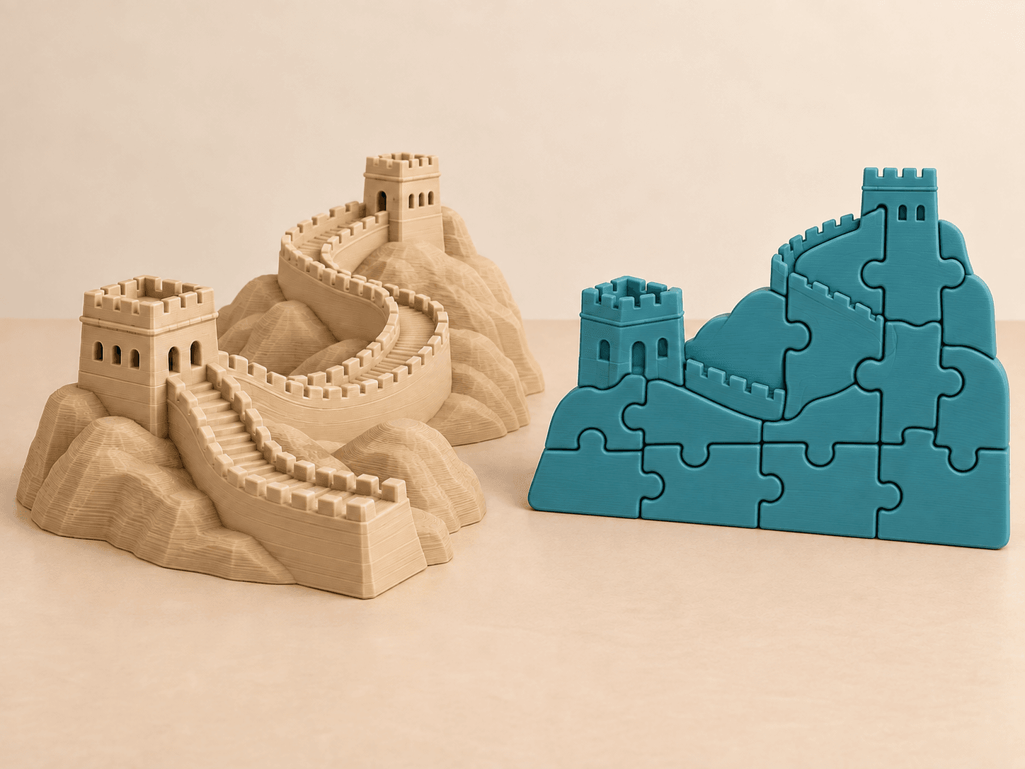Ảnh minh họa bộ Vạn Lý Trường Thành gồm mô hình mini màu cát và puzzle xanh từ 8 mảnh