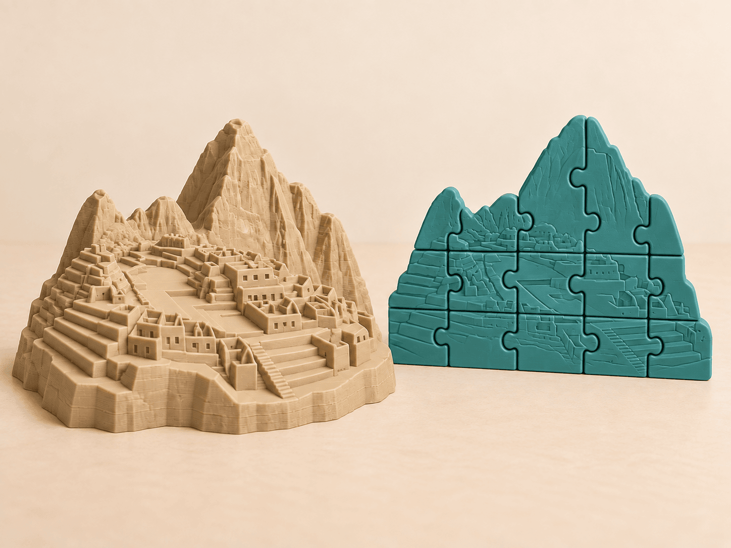 Ảnh minh họa bộ Machu Picchu gồm mô hình mini màu cát và puzzle xanh từ 8 mảnh