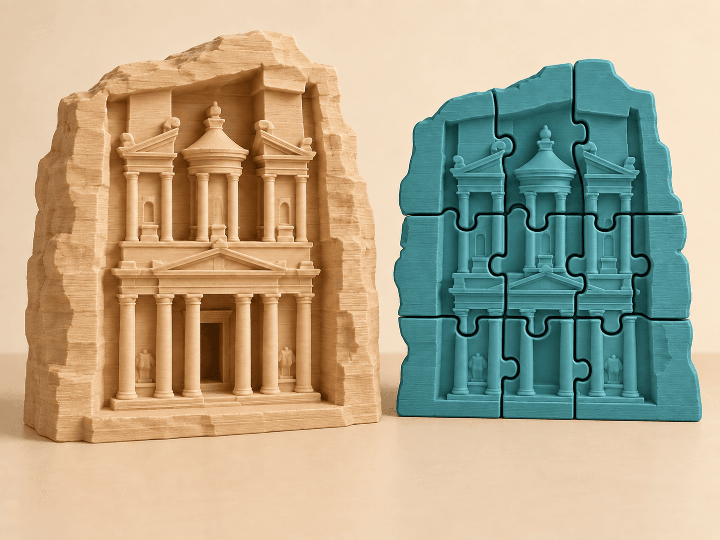 Ảnh minh họa bộ Petra gồm mô hình mini màu cát và puzzle xanh từ 8 mảnh