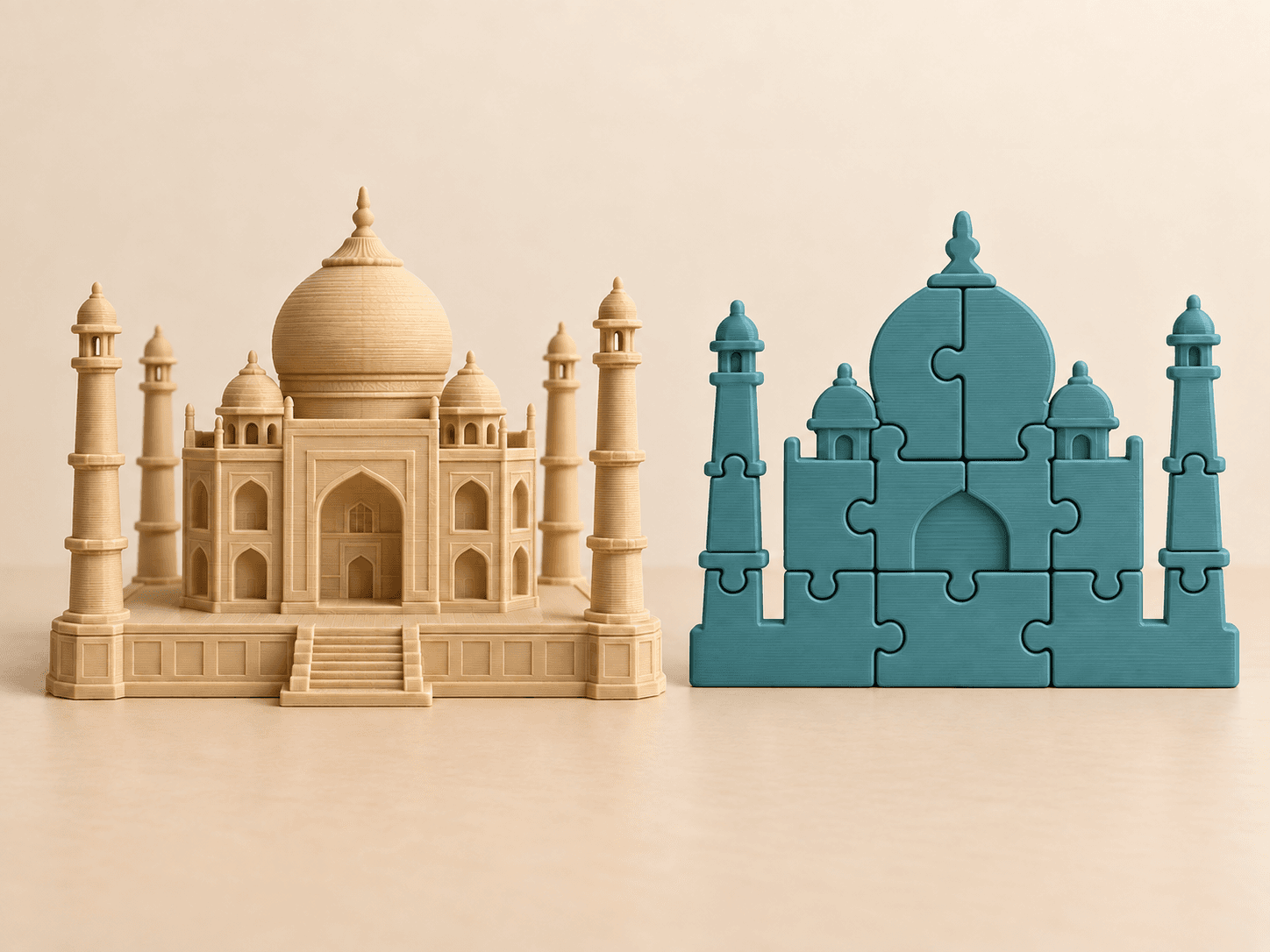 Ảnh minh họa bộ Taj Mahal gồm mô hình mini màu cát và puzzle xanh từ 8 mảnh